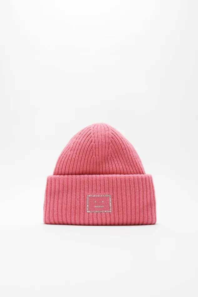 Acne Studios Embellished Face Logo Beanie Tango Pink Man Hats