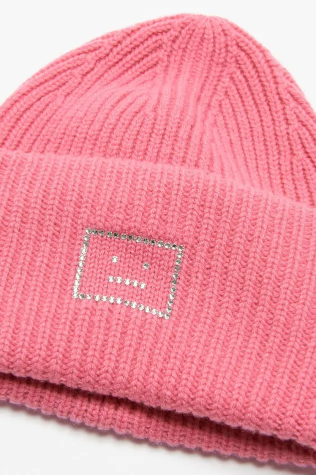 Acne Studios Embellished Face Logo Beanie Tango Pink Man Hats