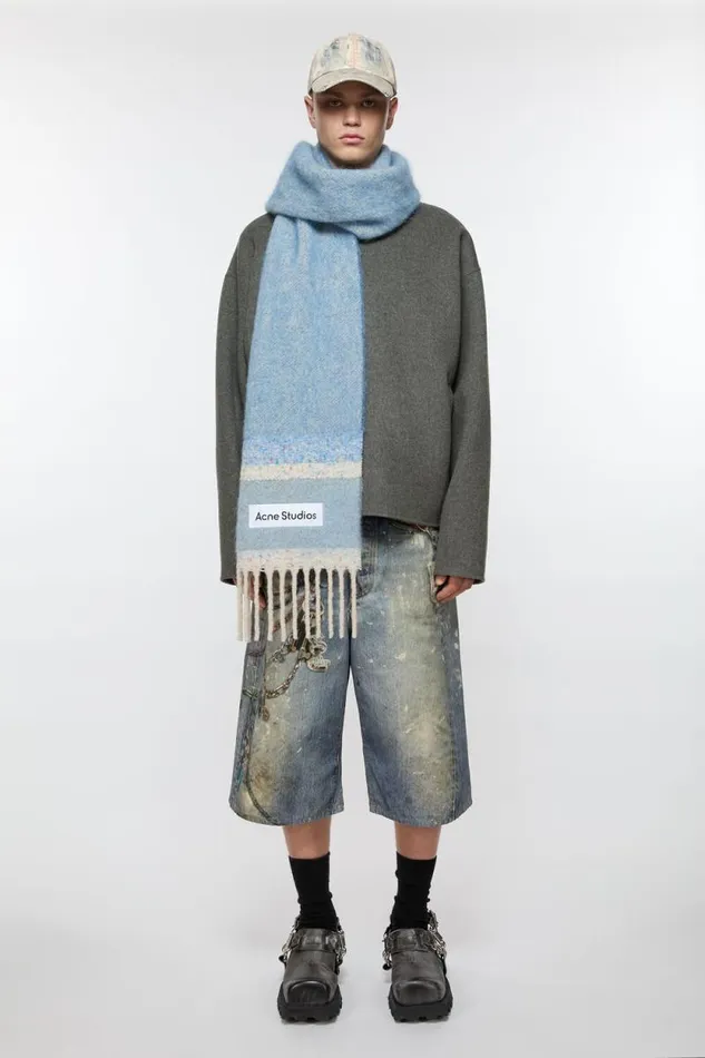 Acne Studios Fringed Scarf Logo Denim Blue Man Scarves