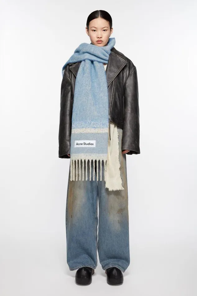 Acne Studios Fringed Scarf Logo Denim Blue Woman Scarves