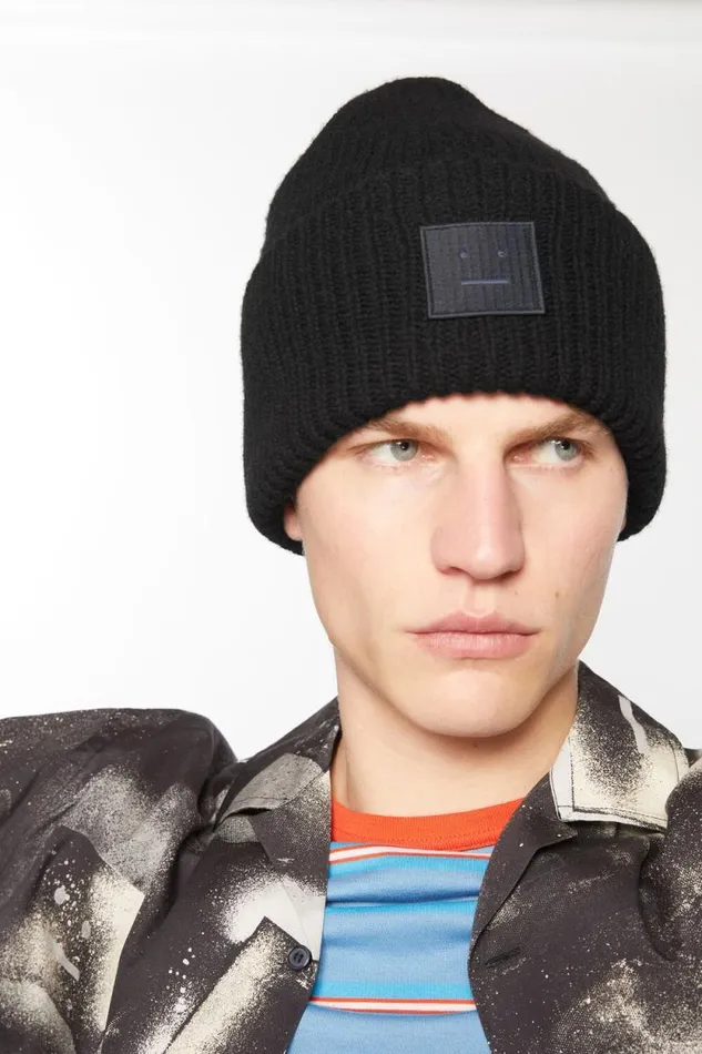 Acne Studios Large Face Logo Beanie Black Man Hats