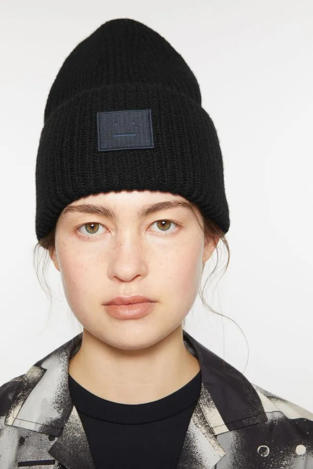Acne Studios Large Face Logo Beanie Black Woman Hats