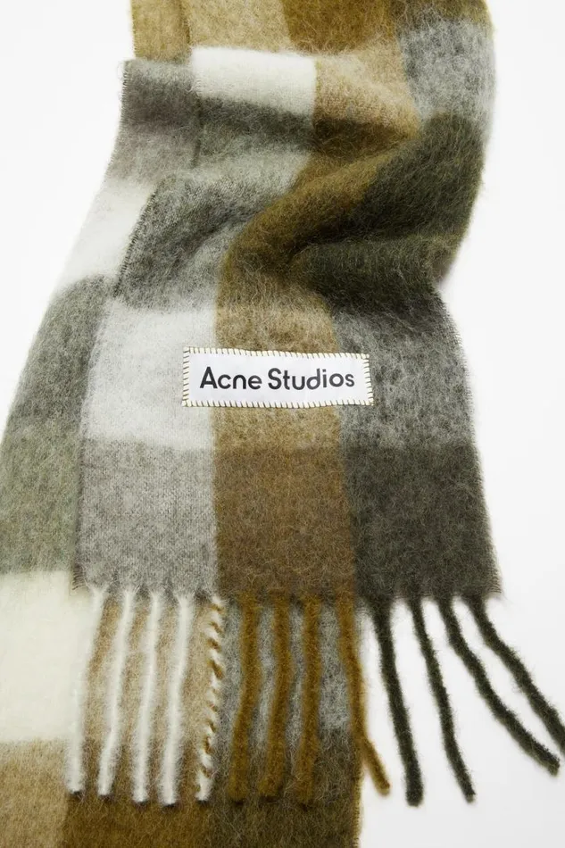Acne Studios Mohair Checked Scarf Taupegreenblack Woman Scarves