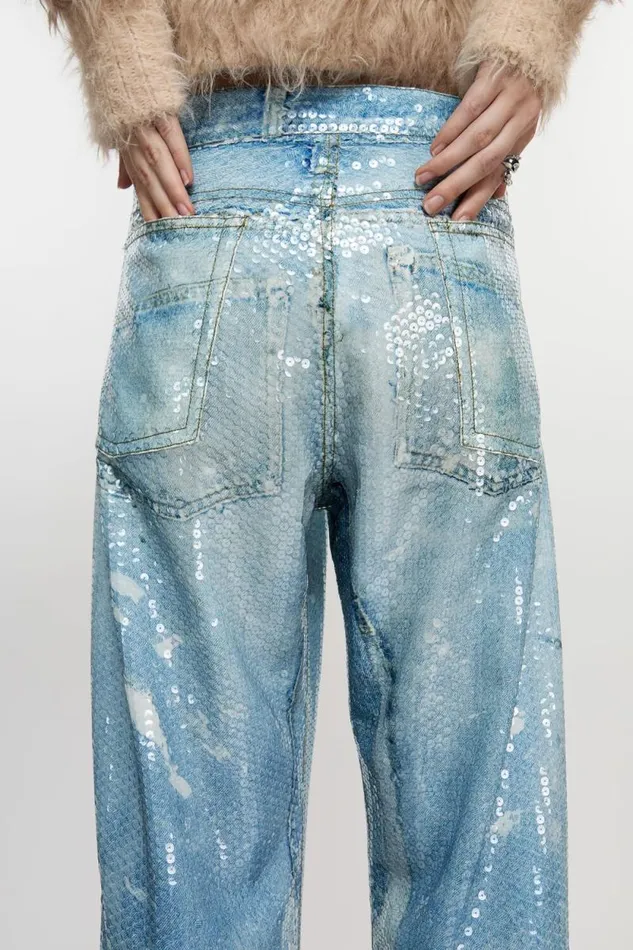 Acne Studios Printed Sequins Trousers Mid Blue Woman Trousers