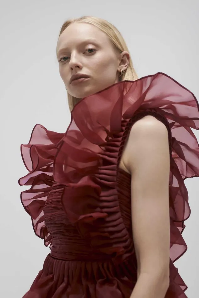 Aje Dresses Asra Pleated Frill Midi Dress Mahogany Red 8211 Women Aje Dresses Asra Pleated Frill Midi Dress Mahogany Red 8211 Women