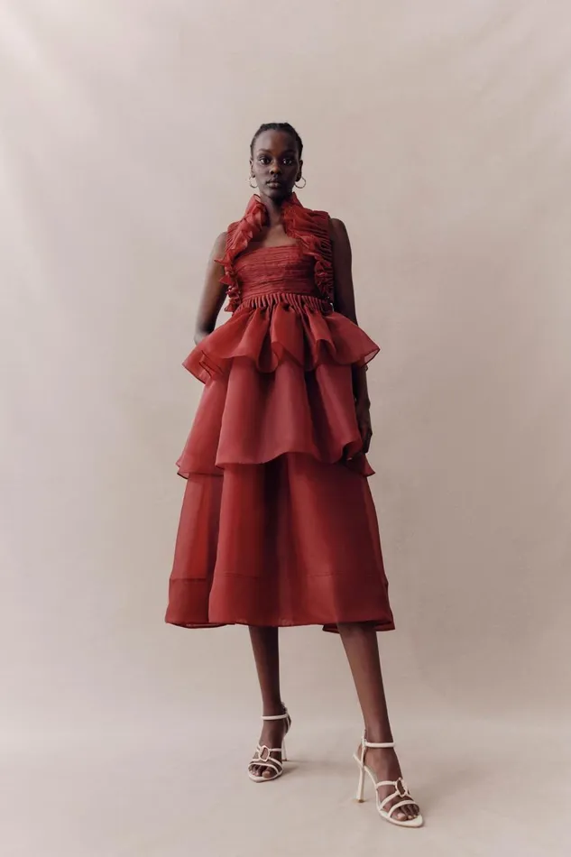 Aje Dresses Asra Pleated Frill Midi Dress Mahogany Red 8211 Women Aje Dresses Asra Pleated Frill Midi Dress Mahogany Red 8211 Women