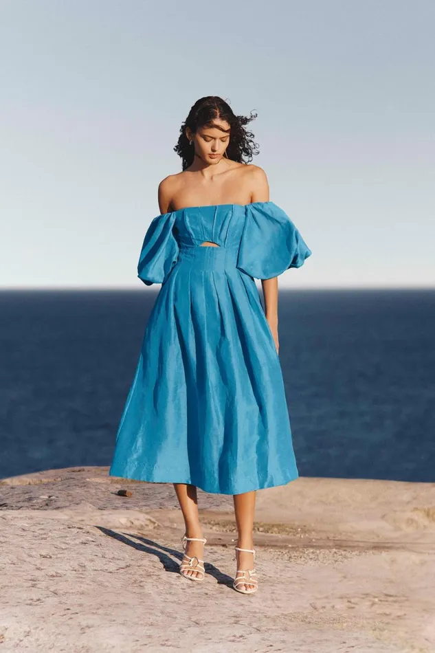 Aje Dresses Eugenie Off Shoulder Midi Dress Azure Blue 8211 Women