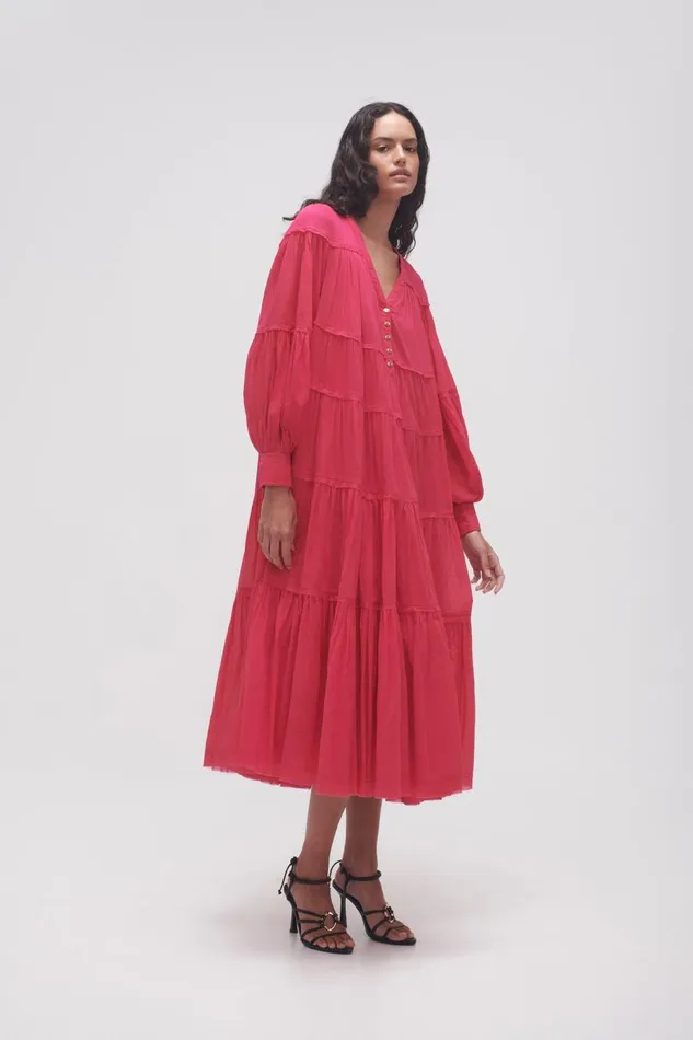 Aje Dresses Sally Tiered Plunge Midi Dress Hot Pink 8211 Women Aje Dresses Sally Tiered Plunge Midi Dress Hot Pink 8211 Women