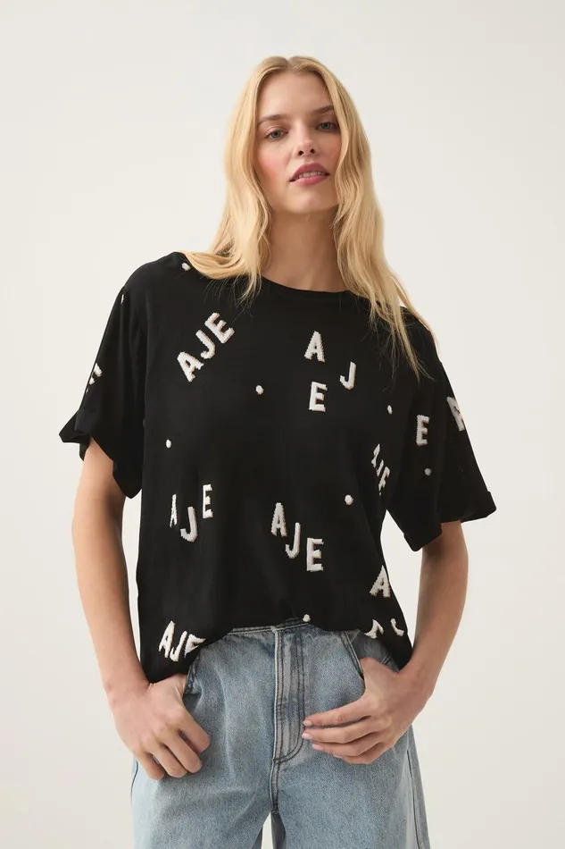 Aje Tees Decora Logo Sprinkle Knit Tee Blackivorytawny Brown 8211 Women