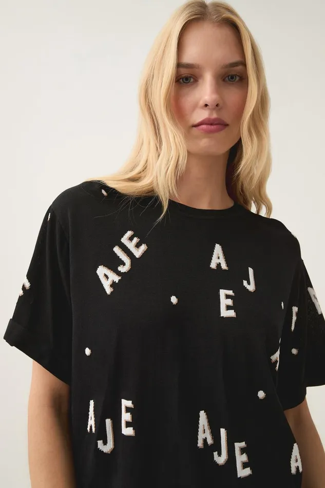 Aje Tees Decora Logo Sprinkle Knit Tee Blackivorytawny Brown 8211 Women