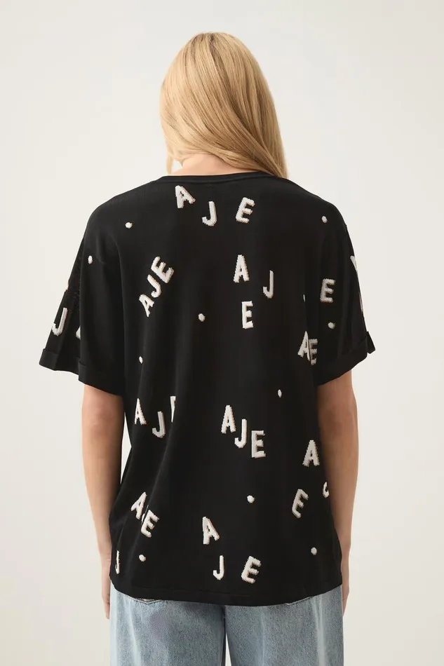 Aje Tees Decora Logo Sprinkle Knit Tee Blackivorytawny Brown 8211 Women