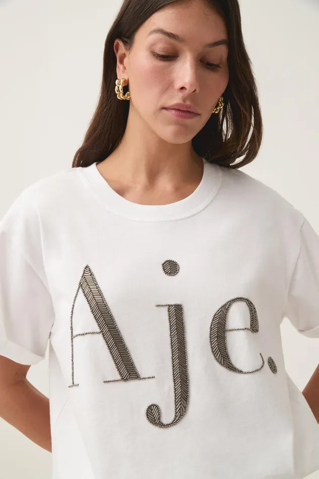 Aje Tees Glint Embellished Logo Tee Whitegunmetal 8211 Women