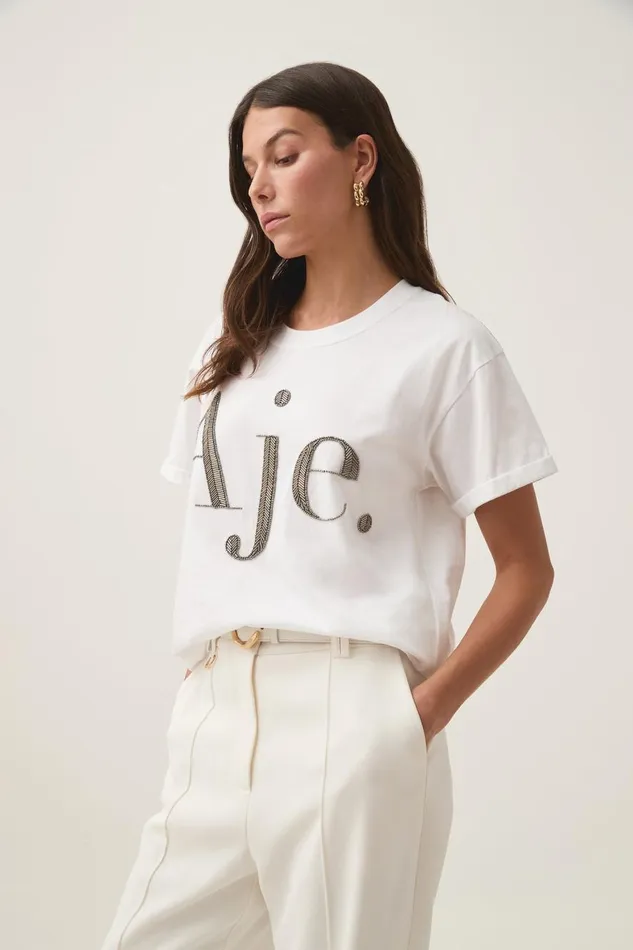 Aje Tees Glint Embellished Logo Tee Whitegunmetal 8211 Women