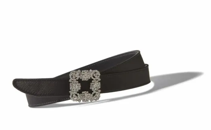 Belts Women Manolo Blahnik HANGISI BELT MINIBlack Satin Crystal Buckled Belt