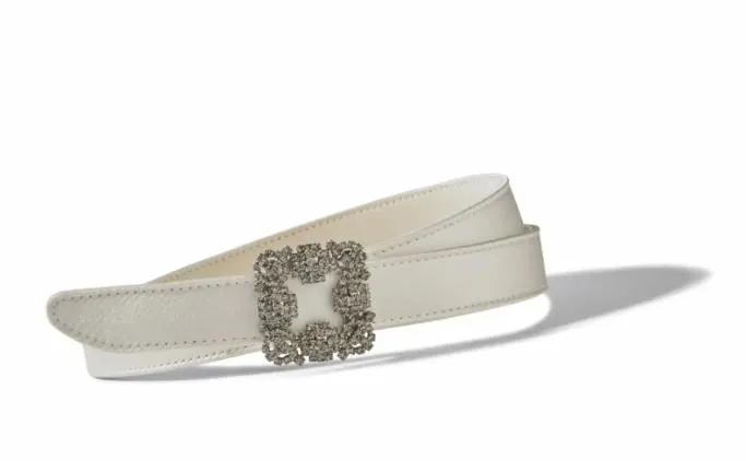 Belts Women Manolo Blahnik HANGISI BELT MINIOffWhite Satin Crystal Buckled Belt