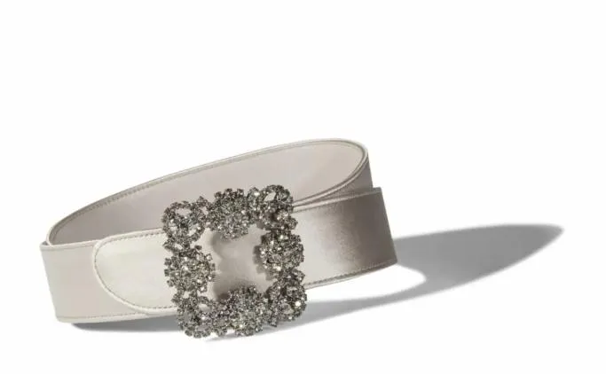 Belts Women Manolo Blahnik HANGISI BELTGrey Satin Crystal Buckled Belt