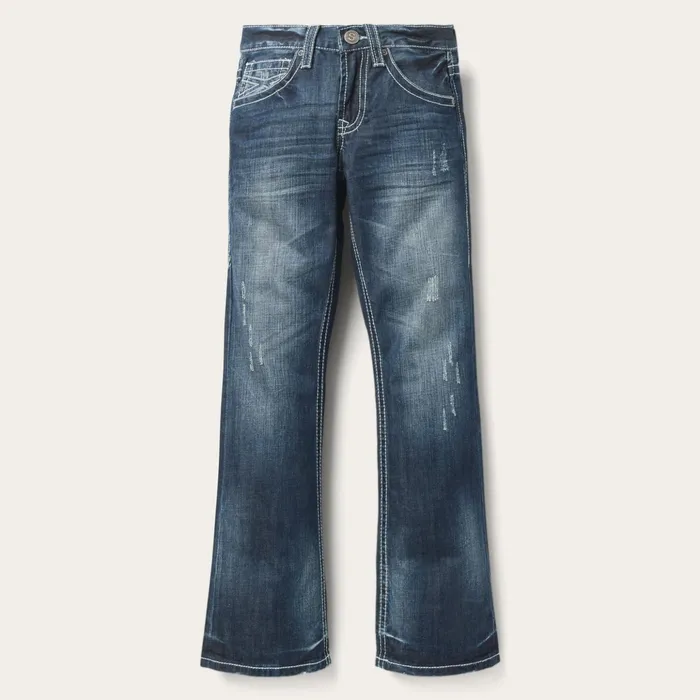 Boot Cut Men Stetson 1014 Fit Destructed Medium Wash Jeans Blue