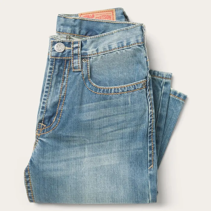 Boot Cut Men Stetson 1520 Fit Light Wash Jeans With Tacking Blue