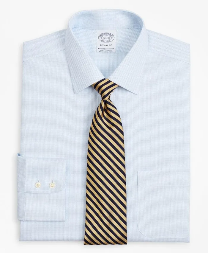 Brooks Brothers Dress Shirts Stretch Regent Fitted Dress Shirt NonIron Twill Ainsley Collar MicroCheck Light Blue 8211 Men