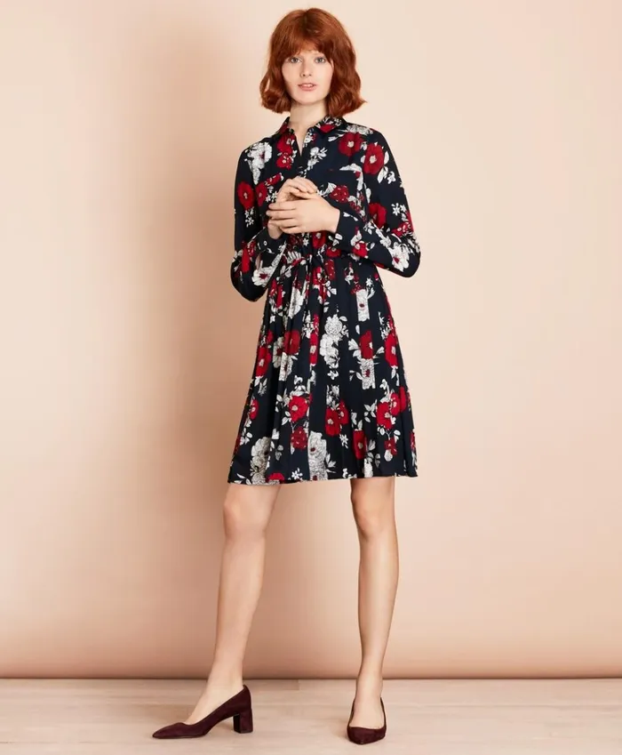 Brooks Brothers Dresses FloralPrint Crepe Shirt Dress Navymulti 8211 Women