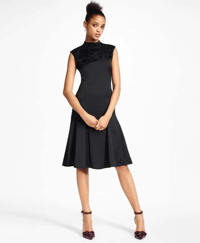 Brooks Brothers Petites Petite Beaded Satin ALine Dress Black 8211 Women
