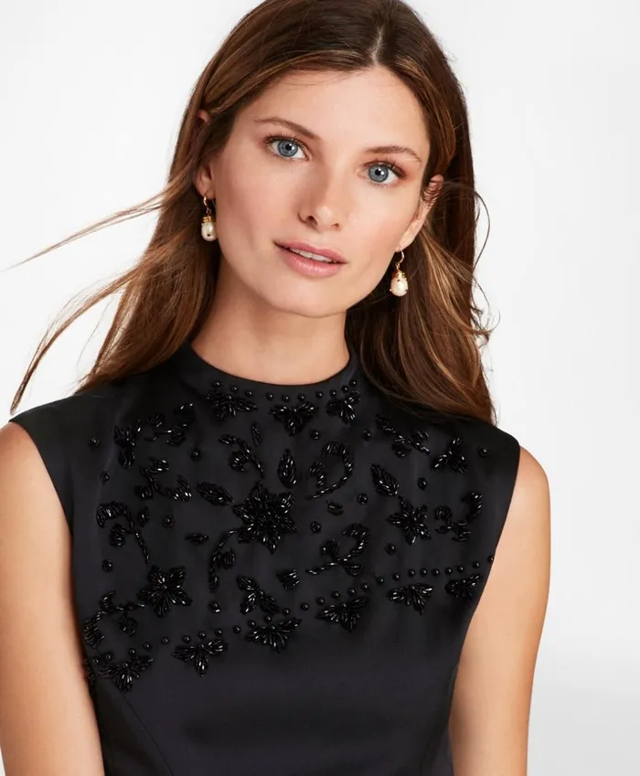 Brooks Brothers Petites Petite Beaded Satin ALine Dress Black 8211 Women Brooks Brothers Petites Petite Beaded Satin ALine Dress Black 8211 Women
