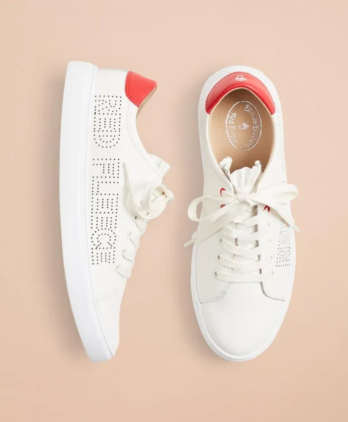 Brooks Brothers Shoes and Belts RuffleTrimmed LogoDetail Leather LowTop Sneakers White 8211 Women