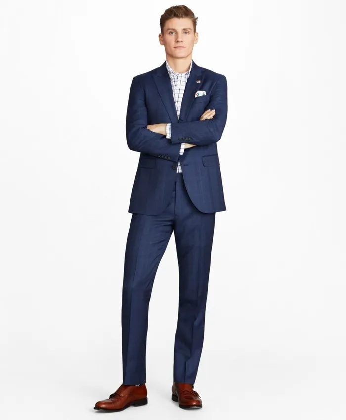 Brooks Brothers Suits Milano Fit ThreeButton Plaid 1818 Suit Navy 8211 Men