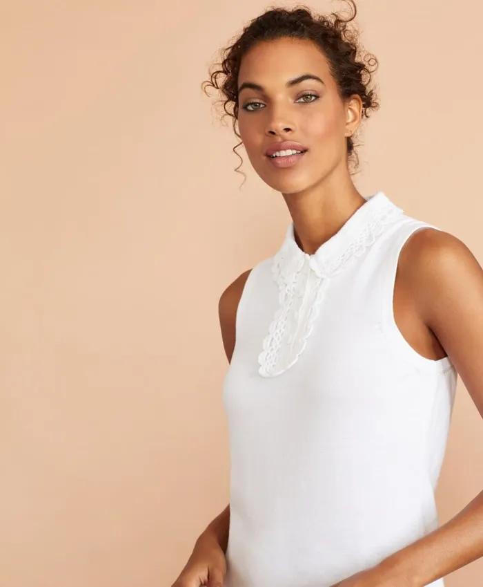 Brooks Brothers Sweaters Crochet LaceTrimmed Cotton Sleeveless Polo White 8211 Women Brooks Brothers Sweaters Crochet LaceTrimmed Cotton Sleeveless Polo White 8211 Women