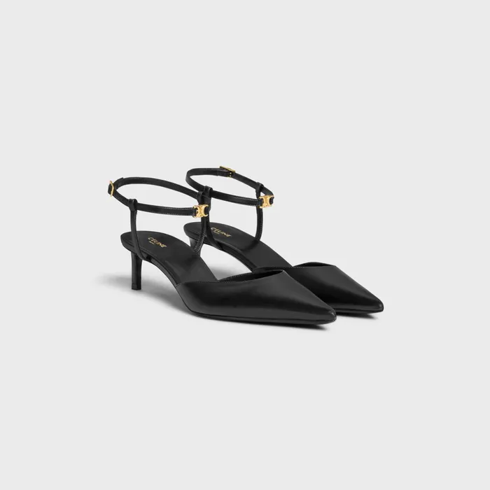 Celine Kitten With Strap Triomphe In Calfskin Gold Finishing Black Women CELINE PUMPS
