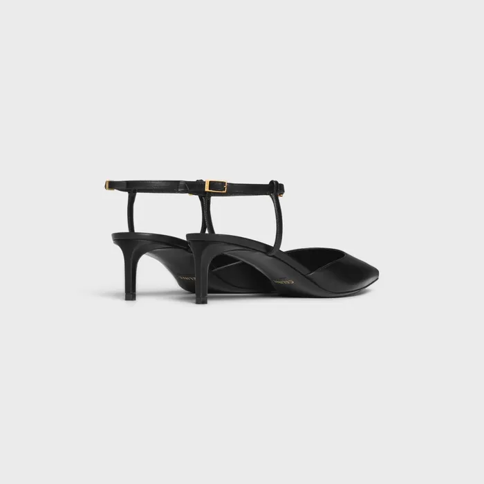Celine Kitten With Strap Triomphe In Calfskin Gold Finishing Black Women CELINE PUMPS
