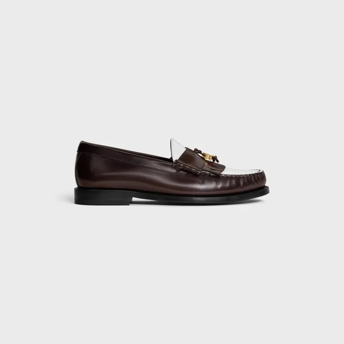 Celine Luco Loafer With Triomphe Tassels In Polished Bullskin Dark Brownwhite Women CELINE LOAFERS AND FLATS Celine Luco Loafer With Triomphe Tassels In Polished Bullskin Dark Brownwhite Women CELINE LOAFERS AND FLATS