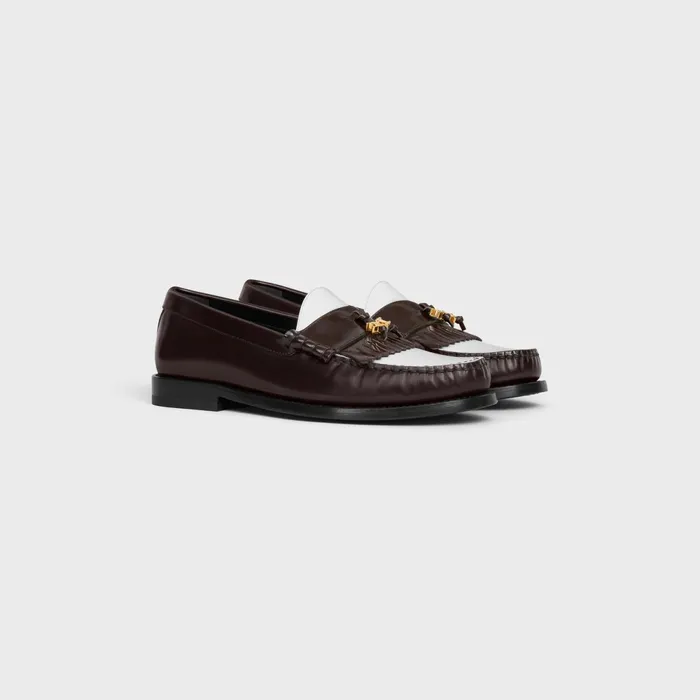 Celine Luco Loafer With Triomphe Tassels In Polished Bullskin Dark Brownwhite Women CELINE LOAFERS AND FLATS
