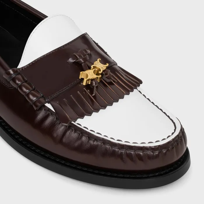 Celine Luco Loafer With Triomphe Tassels In Polished Bullskin Dark Brownwhite Women CELINE LOAFERS AND FLATS