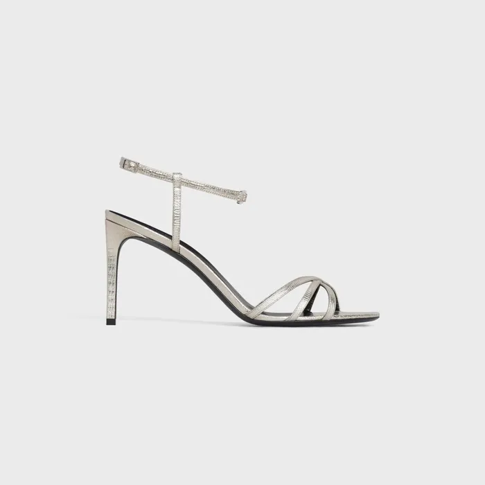 Celine Soir In Lizard Stamped Metalized Calfskin Platinium Women CELINE SANDALS Celine Soir In Lizard Stamped Metalized Calfskin Platinium Women CELINE SANDALS