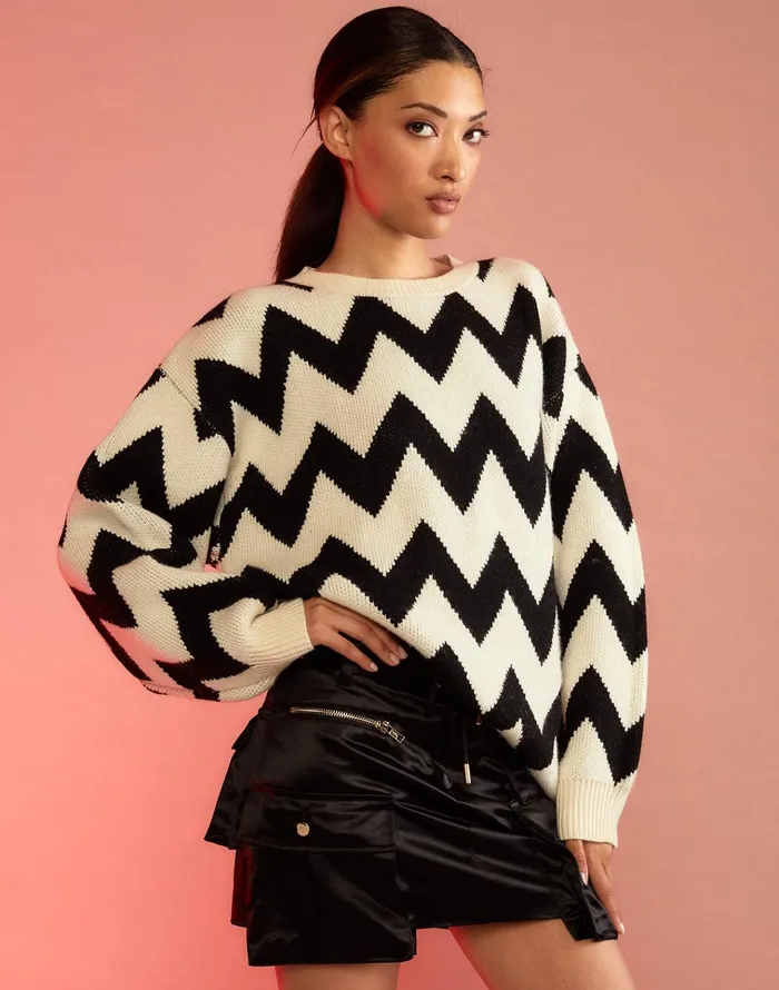 Chunky Chevron Sweater 8211 Bkwht Women Cynthia Rowley Tops