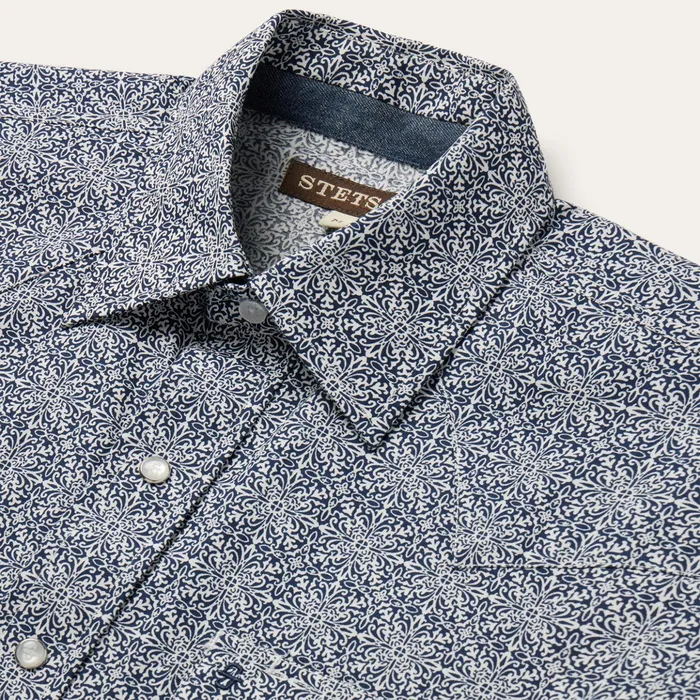 Classic Cut Men Stetson Navy Print Short Sleeve Western Shirt Blue