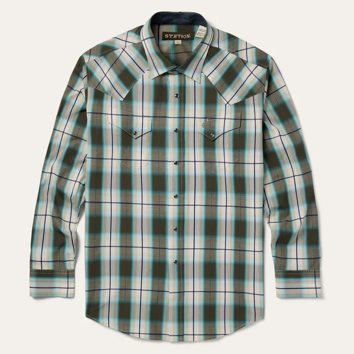 Classic Cut Men Stetson Olive Ombre Plaid Western Shirt Green