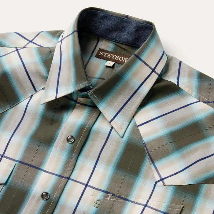 Classic Cut Men Stetson Olive Ombre Plaid Western Shirt Green