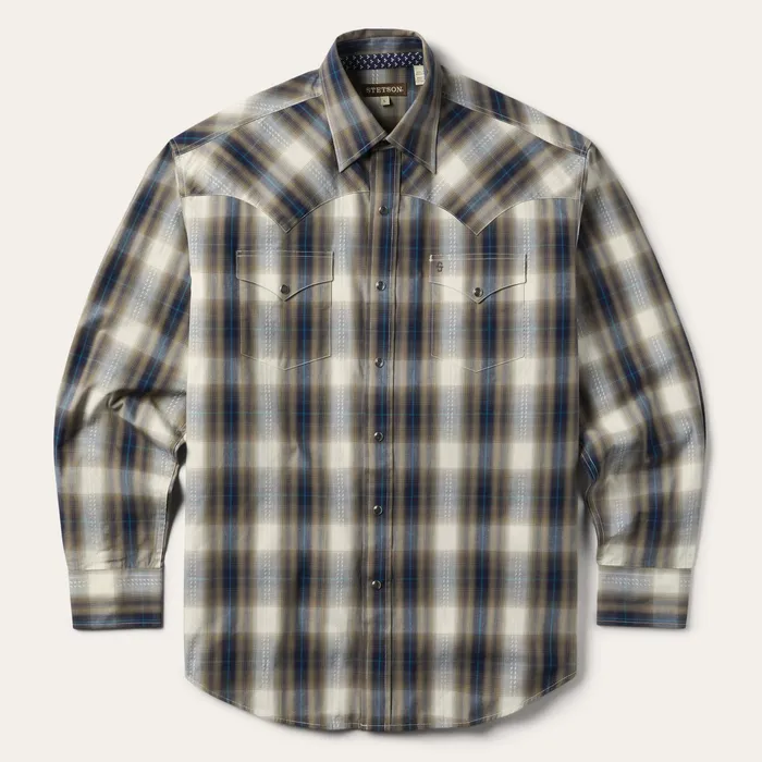 Classic Cut Men Stetson Ranch Plaid Dobby Western Shirt Brown