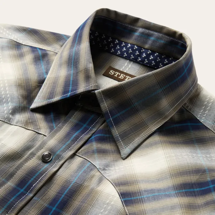 Classic Cut Men Stetson Ranch Plaid Dobby Western Shirt Brown