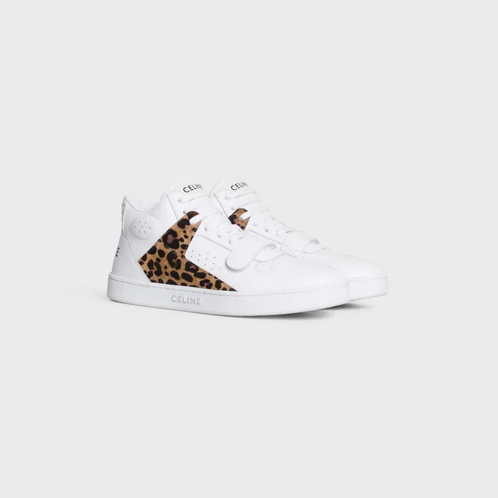 Ct02 Celine Trainer Mid Sneaker With Scratch In Calfskin and Leopard Printed Suede Calfskin Optic Whiteblackbrown Women CELINE SNEAKERS