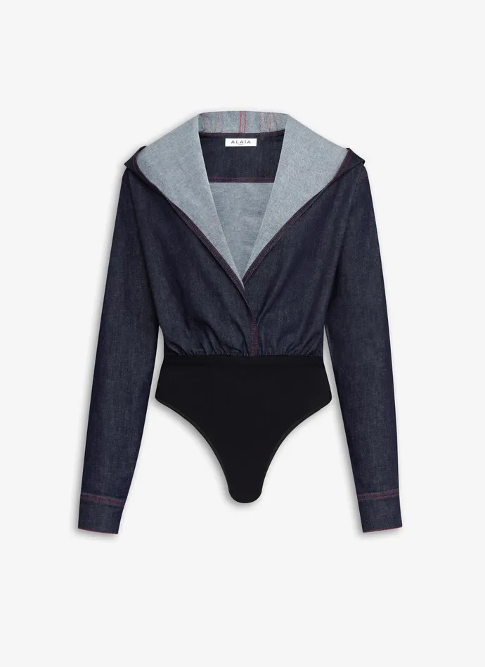 Dark Blue HOODED BODY SHIRT IN STRETCH RAW DENIM Women Alaa Bodysuits and Leggings