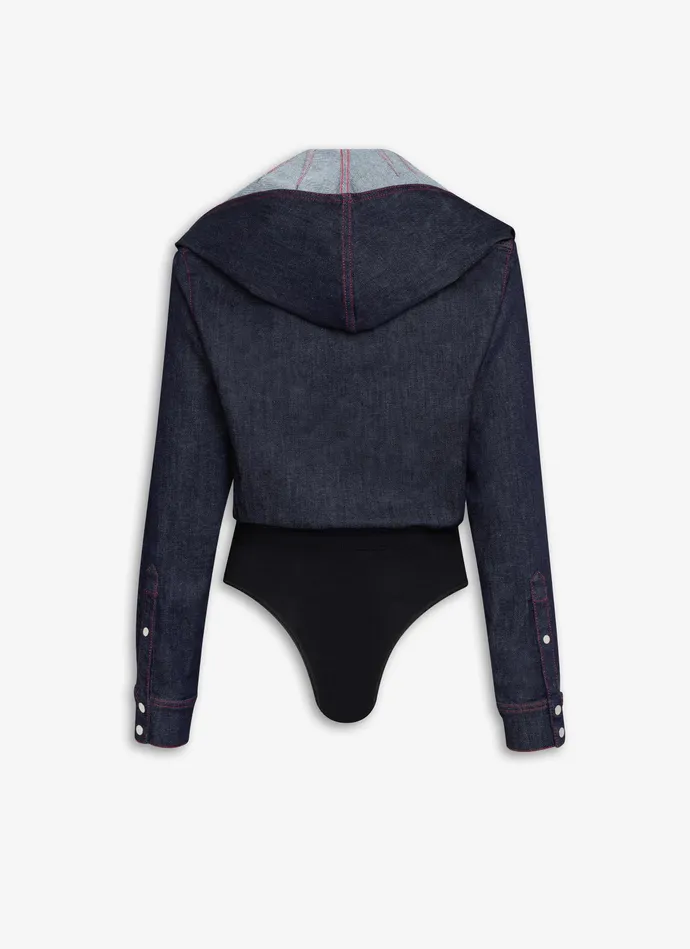 Dark Blue HOODED BODY SHIRT IN STRETCH RAW DENIM Women Alaa Bodysuits and Leggings