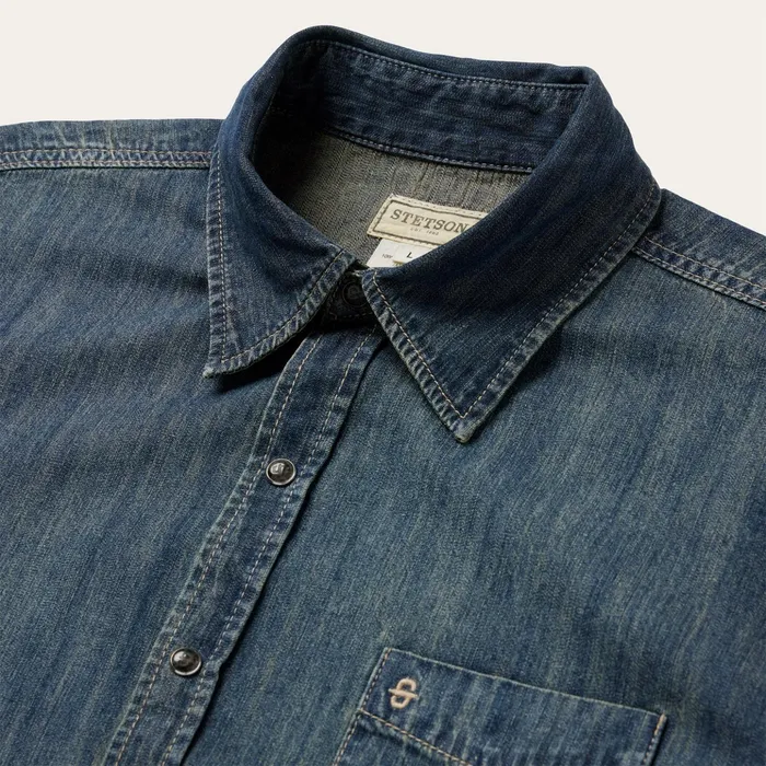Denim Shirts Men Stetson Dirty Denim Western Shirt Blue