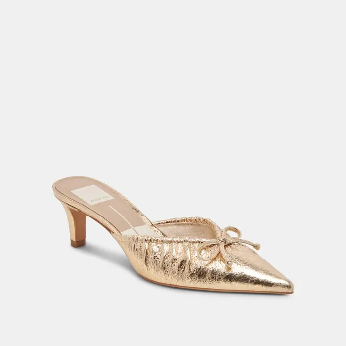 Dolce Vita Kairi Mid Heels Gold Distressed Leather Women Heels