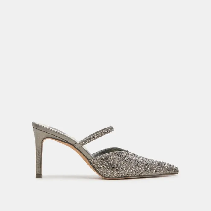 Dolce Vita Kanika Crystal Heels Gunmetal Fabric Women Mules and Clogs