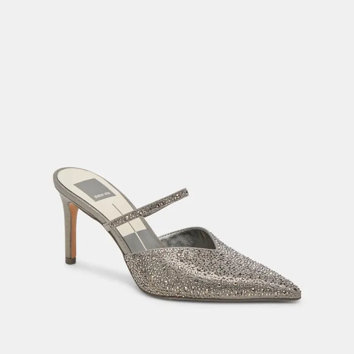 Dolce Vita Kanika Crystal Heels Gunmetal Fabric Women Mules and Clogs