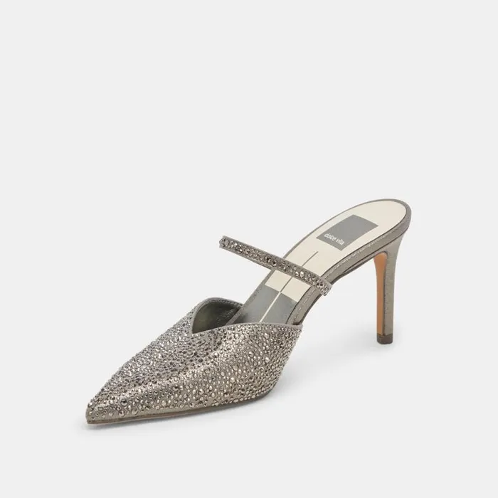 Dolce Vita Kanika Crystal Heels Gunmetal Fabric Women Mules and Clogs