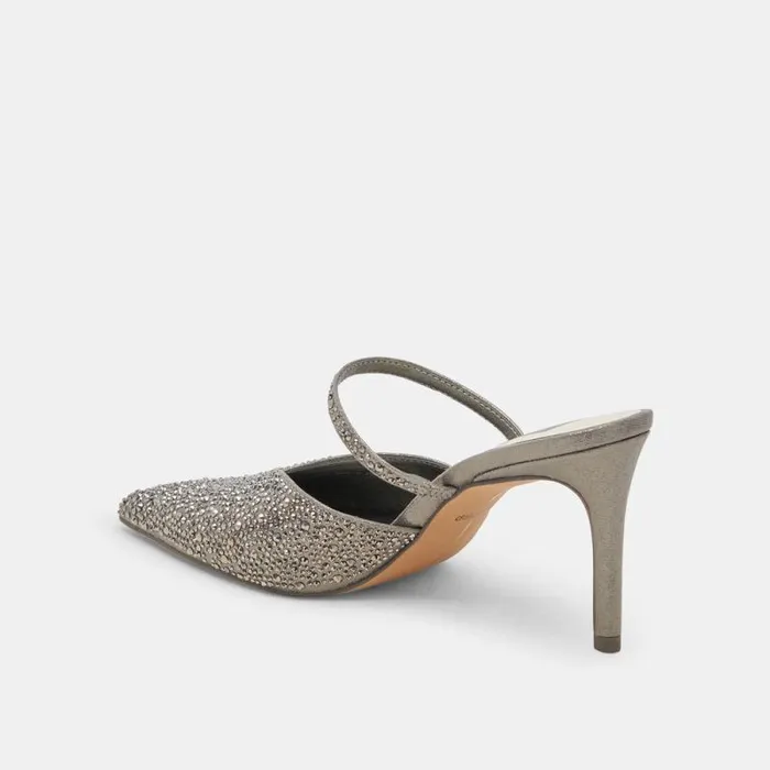 Dolce Vita Kanika Crystal Heels Gunmetal Fabric Women Mules and Clogs